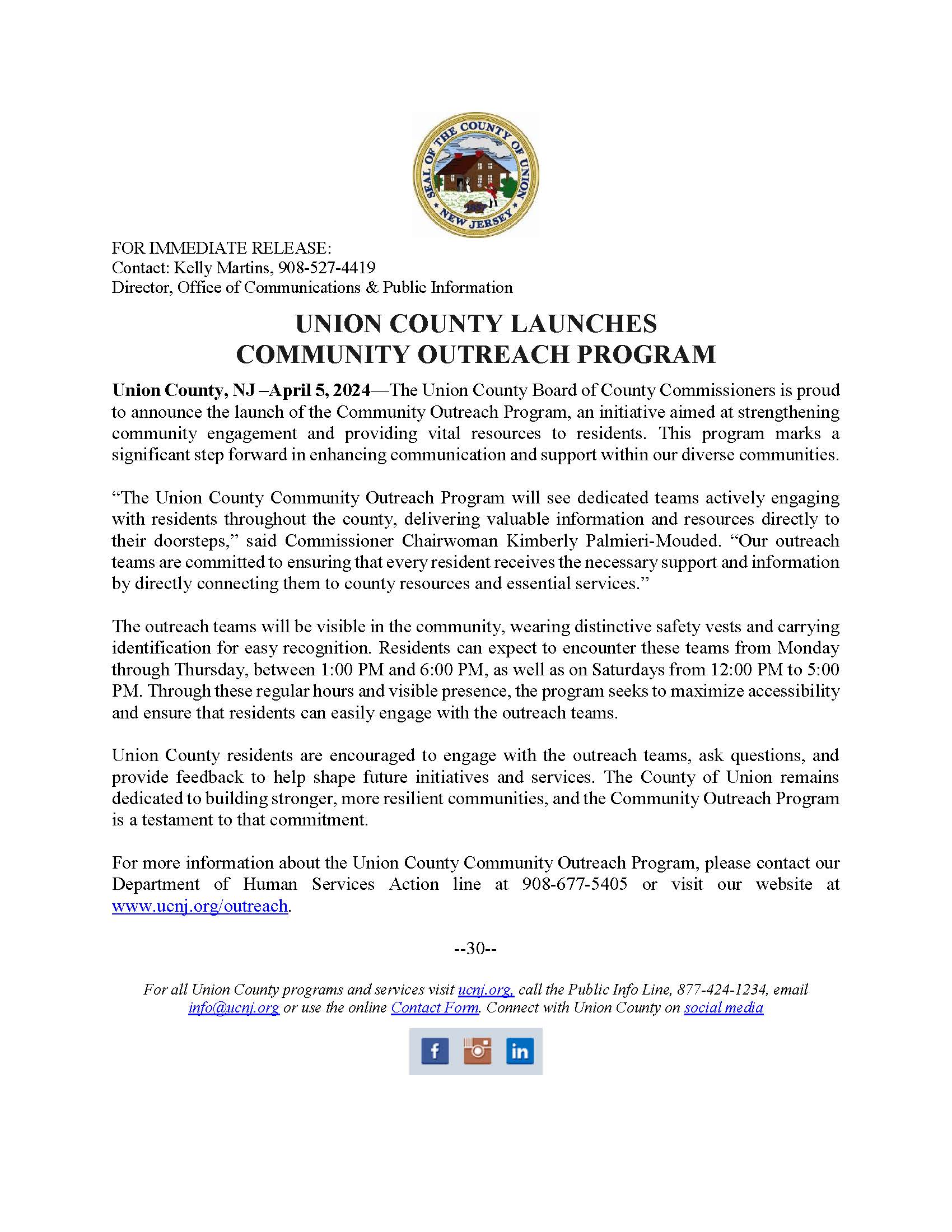 UNION COUNTY LAUNCHES COMMUNITY OUTREACH PROGRAM